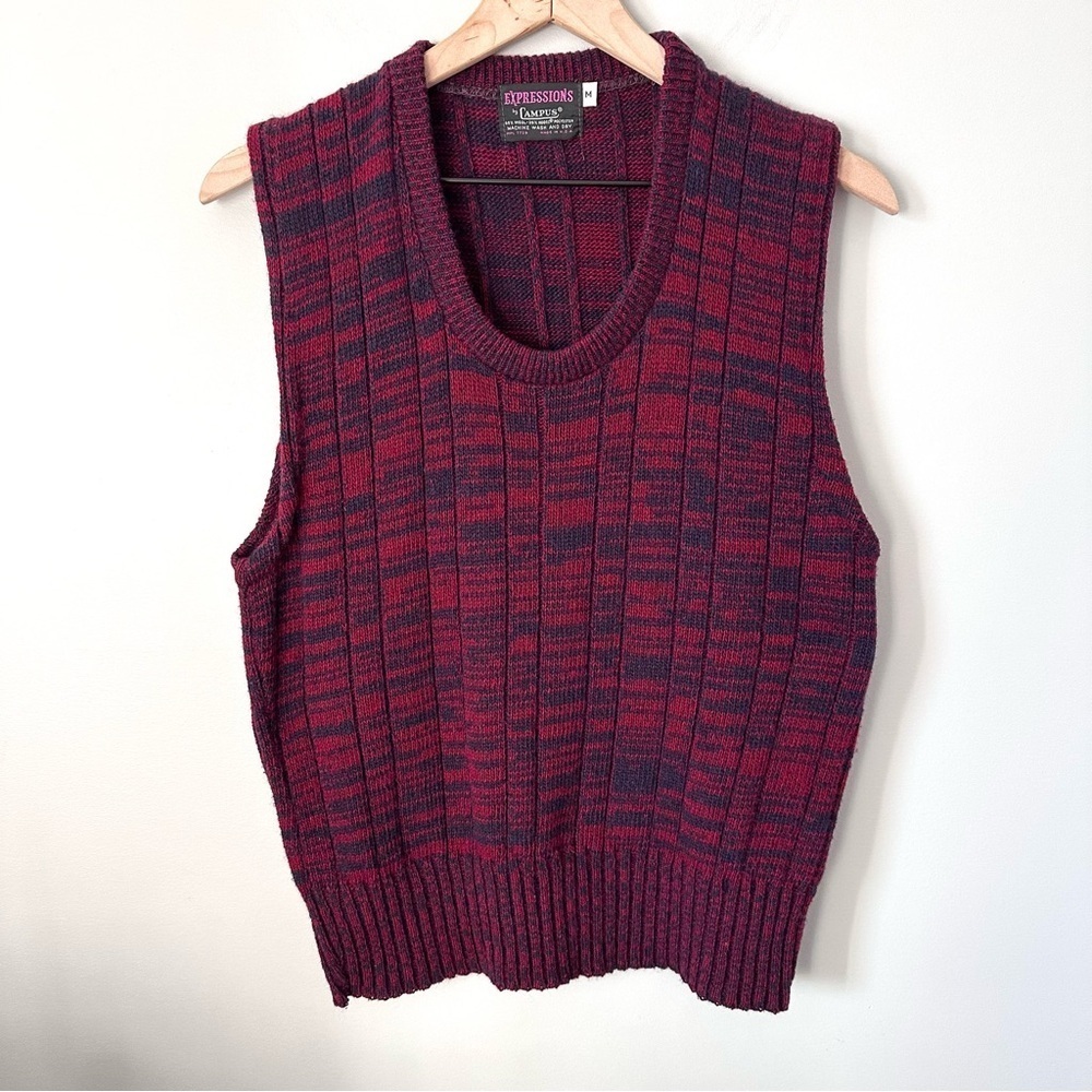 Expressions By Campus Vintage Sz M 70s 80s Sweater Vest Red Navy USA Made Wool - Picture 1 of 8